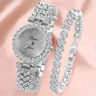 Elegant 2pcs Rhinestone Quartz Watch and Bangle Set for Women Crystal Bracelet