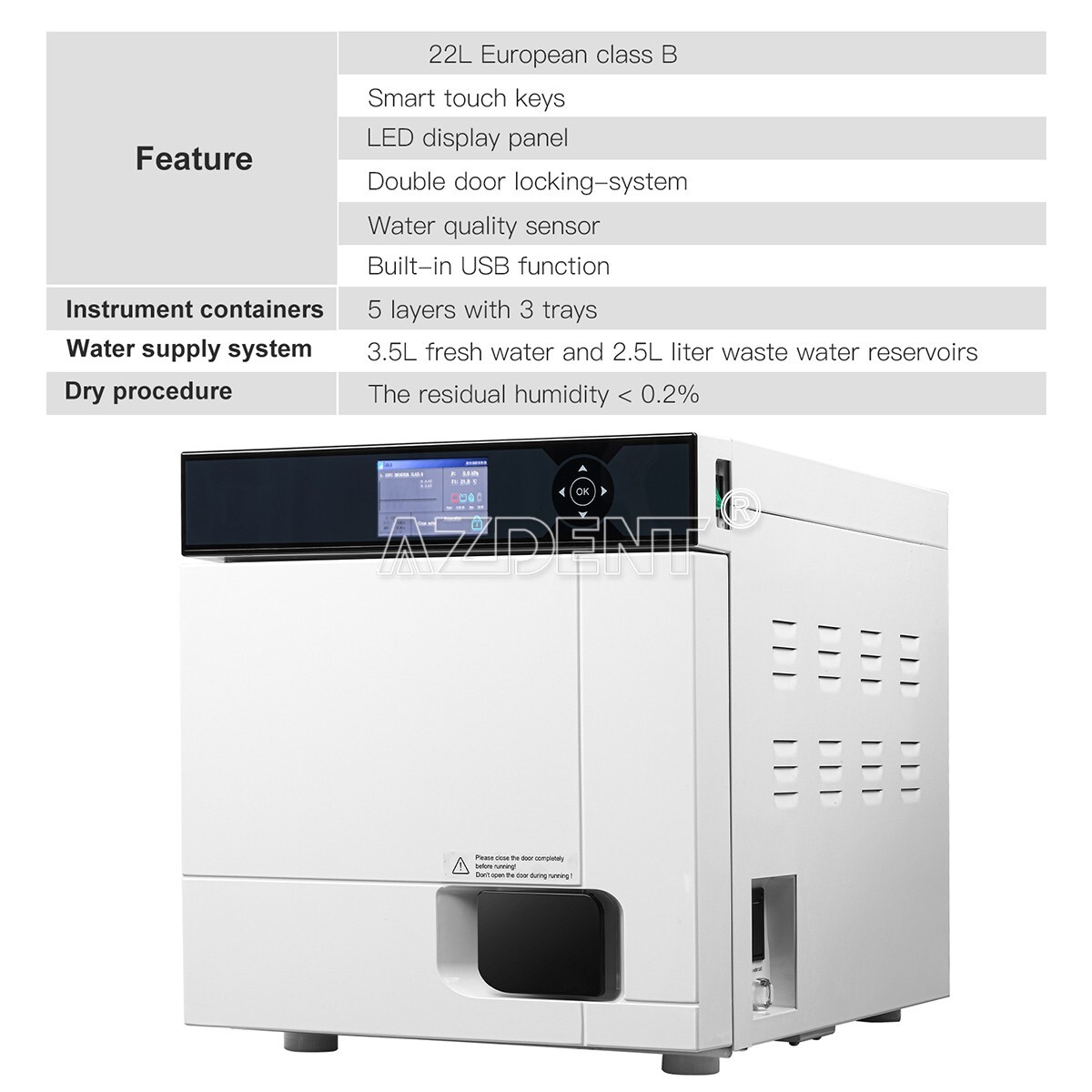 22L Class B Dental Medical Autoclave Steam Sterilizer with Data Printer Drying