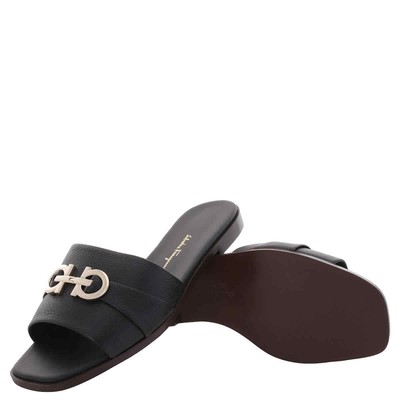 Pre-owned Ferragamo Salvatore  Ladies Black Leather Rhodes Gancini Flat Sandals