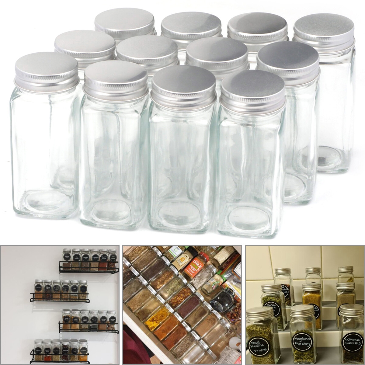 12pcs Glass Jars Lid Spice Herb Seasoning Condiment Storage Container Dispensers