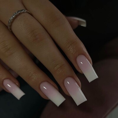 24pcs  Minimalist Pink White Ombre False Nail Long Square Press on Nail Nail Art