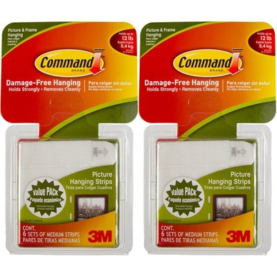 Command 3M 12ct Pack Picture & Frame Hanging Strips Sets Medium Size White Da...