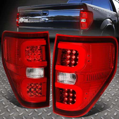 [ДВОЙНАЯ СВЕТОДИОДНАЯ ПАНЕЛЬ С С-ОБРАЗНОЙ ТРУБКОЙ]ДЛЯ 09-14 FORD F150 КОМПЛЕКТ ЗАДНИХ СТОП-СИГНАЛОВ С КРАСНЫМ КОРПУСОМ