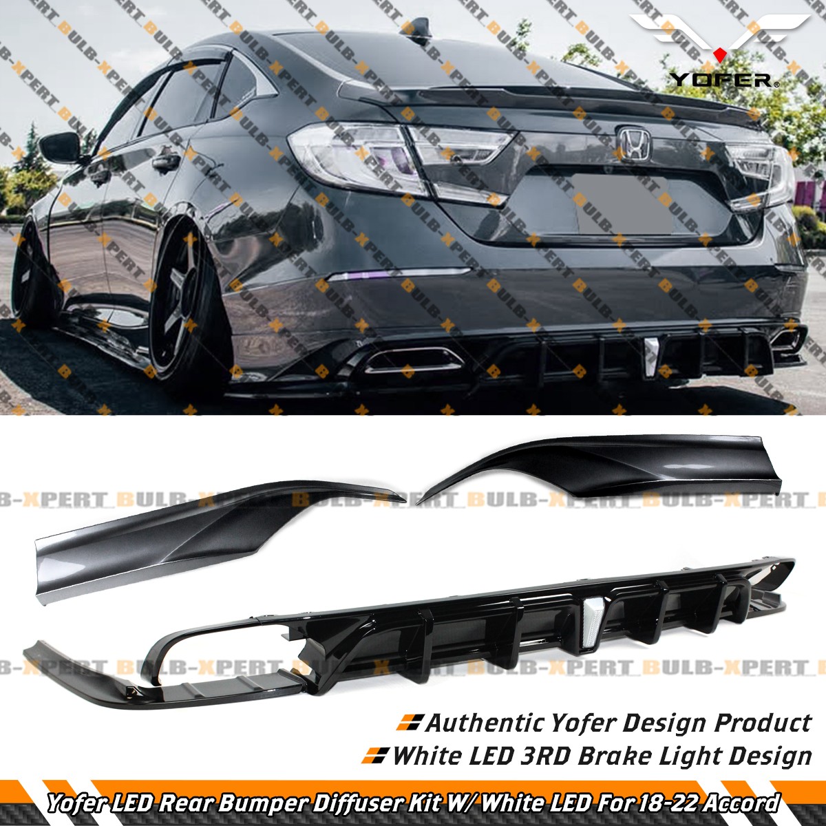 For 18-22 Accord Yofer Modern Steel Rear Bumper Diffuser Kit W/ White LED Light