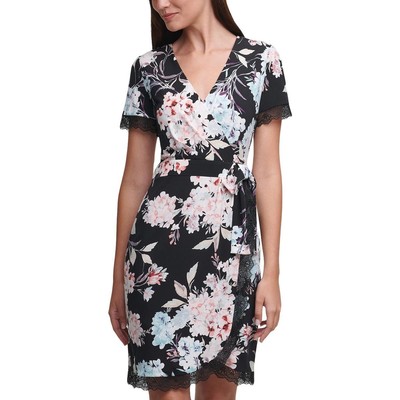 Женское черное платье с цветочной кружевной отделкой и V-образным вырезом на запах от Карла Лагерфельда в Париже 2 BHFO 1809