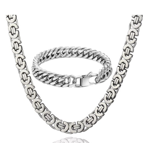 11mm Men's Stainless Steel Bracelet Necklace Jewelry Set Byzantine Chain 8-30in