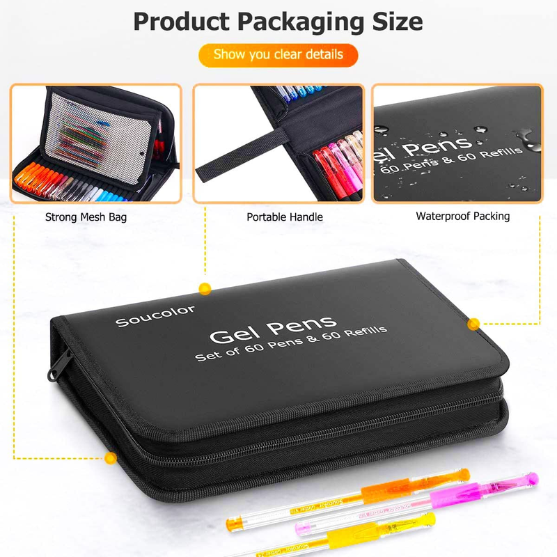 Glitter Gel Pens for Adult Coloring Books, 60 Glitter Pens, 60 Refills, and Case