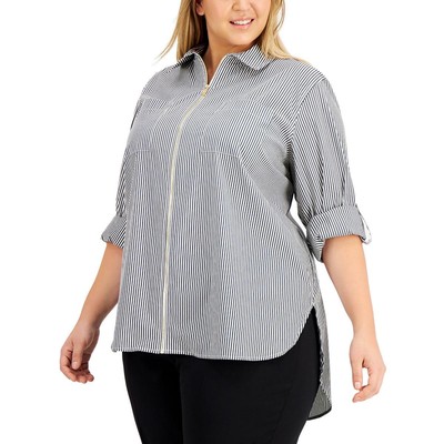 

Calvin Klein Женская черно-белая полосатая блузка с острым воротником плюс  BHFO 0711, Black stripe