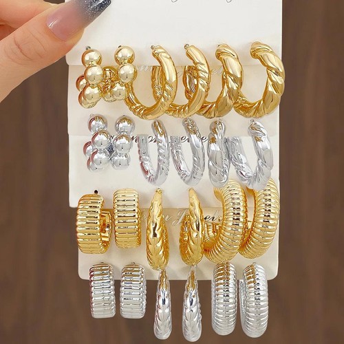 6 Pairs Geometric Water Drop Hoop Earrings Gold Zinc Alloy Set