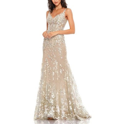 Женское бежевое вечернее платье Mac Duggal, украшенное вышивкой, 14 BHFO 6106