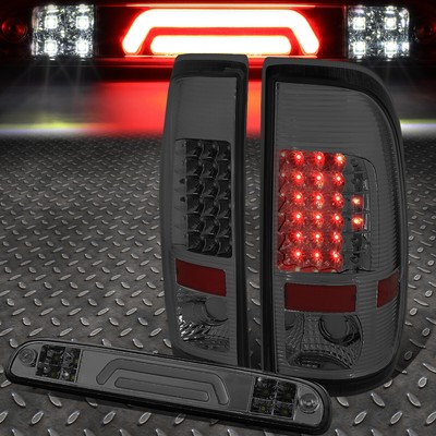 FOR 99-07 FORD SUPER DUTY LED TAIL LIGHTS+3D BAR THIRD BRAKE/CARGO LAMP TINTED