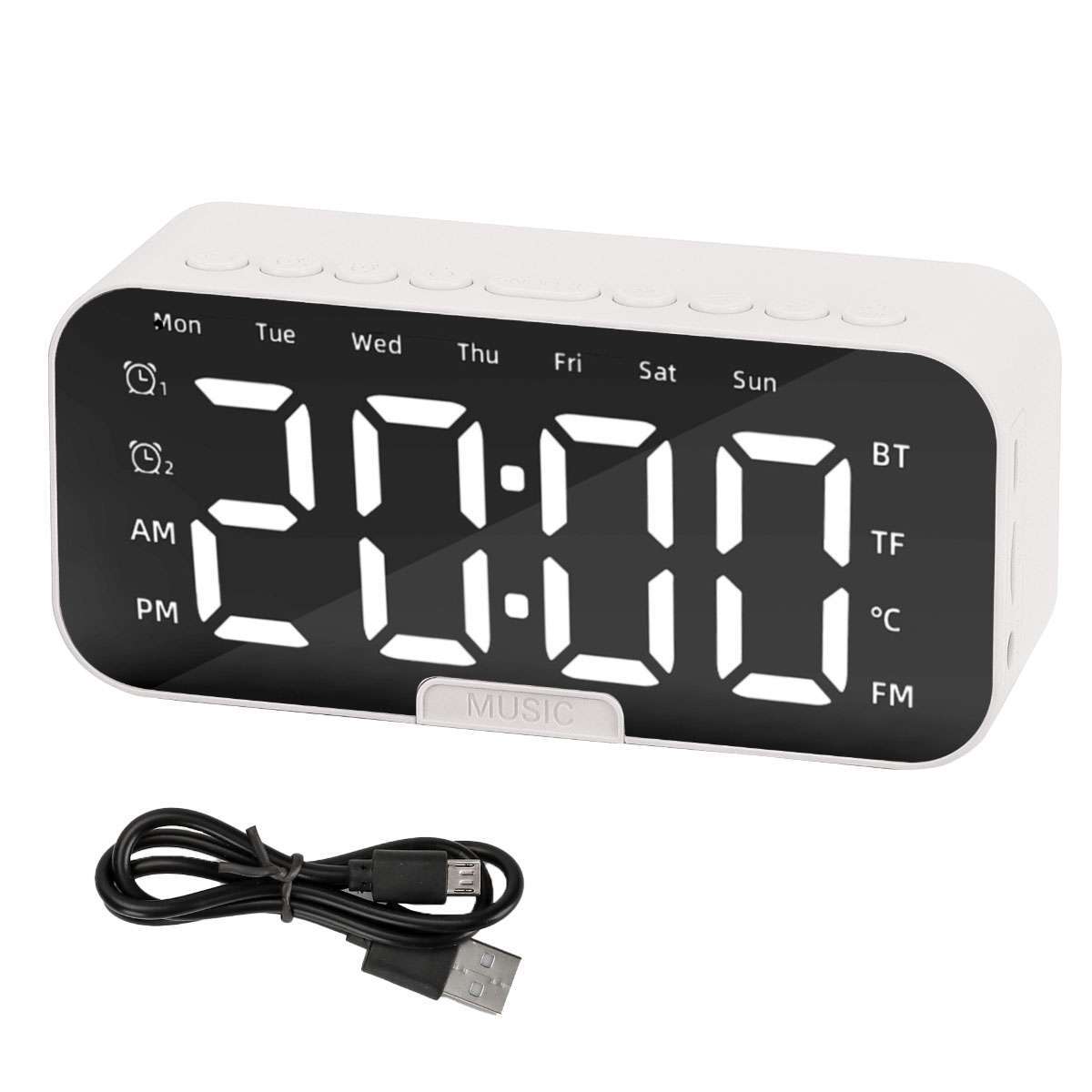 Portable Digital Alarm Clock FM Radio Wireless Bluetooth Mirror LED With Speaker