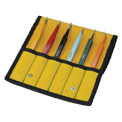 Aven 18480EZ E-Z Pik Stainless Steel Tweezers Set w/ Protective Pouch, 6 pieces