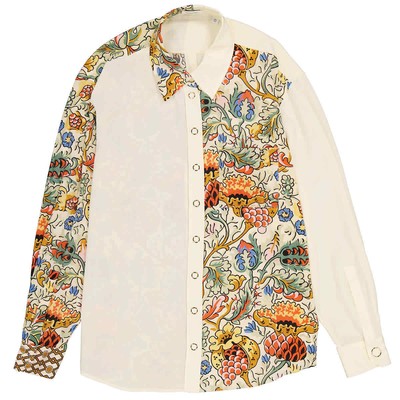 Pre-owned Burberry Ladies Vanilla Juliette Floral-print Paneled Silk Oversized Shirt, In White