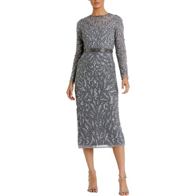 Mac Duggal Womens Silver Embellished Midi Cocktail And Party Dress 10 BHFO 4735