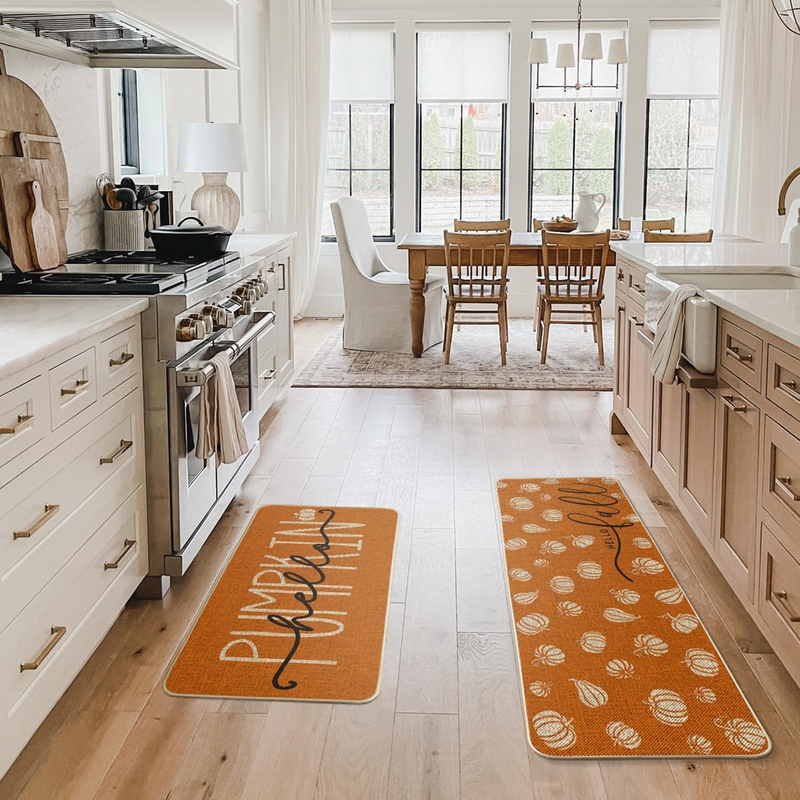 Orange Hello Pumpkin Fall Kitchen Mats Set of 2, Autumn Home Decor Low-Profile K