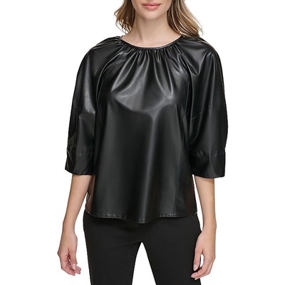 Женская черная рубашка-блузка с рюшами из искусственной кожи Calvin Klein M BHFO 0411