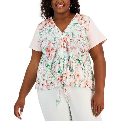 Tommy Hilfiger Womens White Floral Multi Media Blouse Shirt Plus 1X BHFO 5336