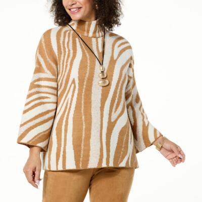 Marla Wynne Collection Marbleized Jacquard Pullover Sweater In Dark Camel