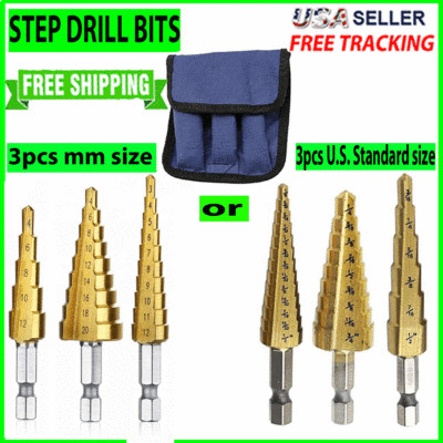 3pcs Titanium Drill Bits Set Step Cone Hole Cutter HSS Large Tool With Pouch 