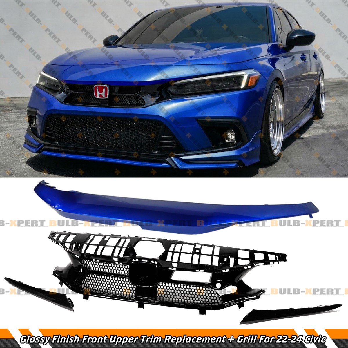 For 2022-24 Honda Civic VS Style Aegean Blue Upper Hood Trim + Grill Replacement