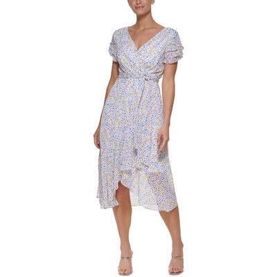 

Женское белое платье миди с запахом и поясом DKNY с цветочным принтом  BHFO 2129, Cream multi
