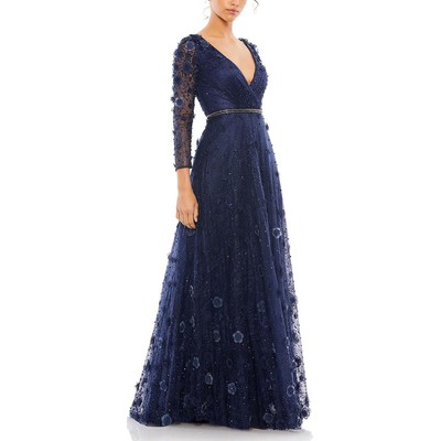 

Mac Duggal Женское темно-синее кружевное вечернее платье с цветочным принтом 8 BHFO 5966, Синий