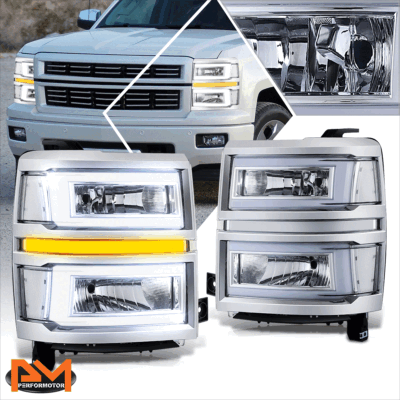 For 14-15 Silverado 1500 C-Shape LED DRL Sequential Turn Headlights Chrome/Clear