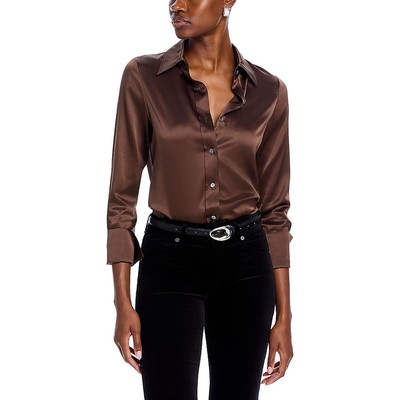 Женский однотонный топ из коричневой шелковой смеси Ramy Brook с длинным рукавом и пуговицами M BHFO 0601