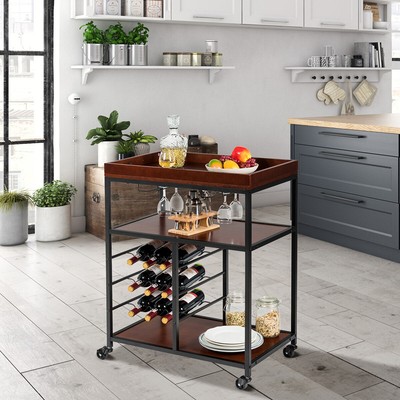 3 Tier Kitchen Trolley Utility Bar Serving Cart with Wine Rack & Glass Holder
