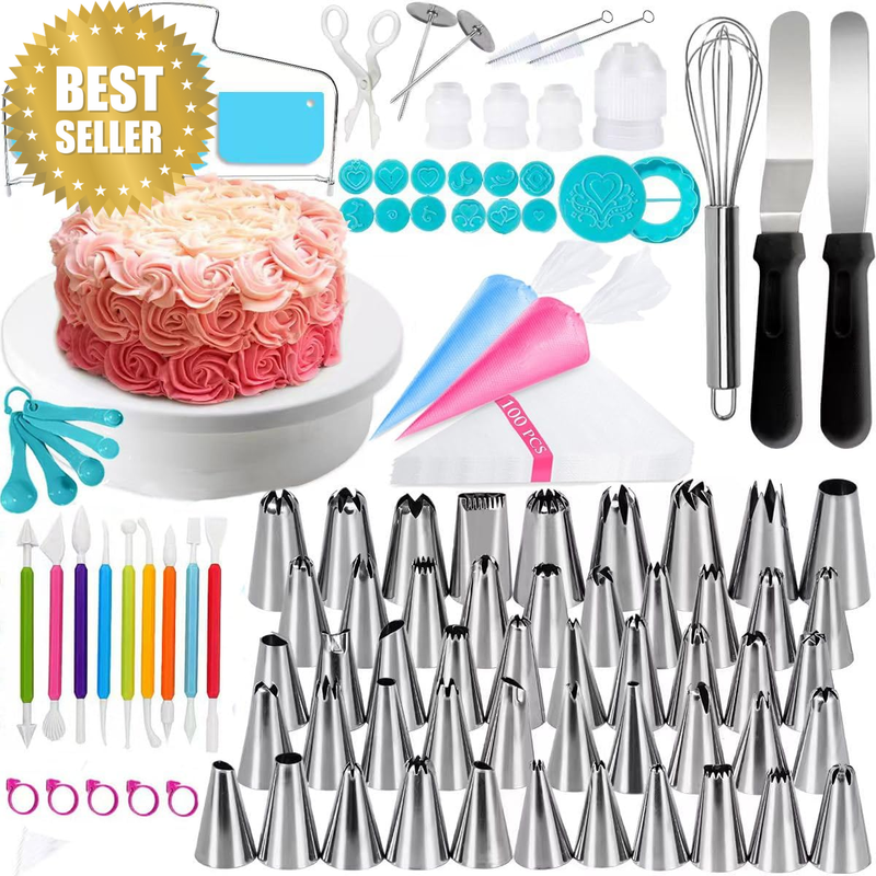 200pc Cake Decorating Kit Turntable 50 Icing Tips 100 Bags Spatula Set