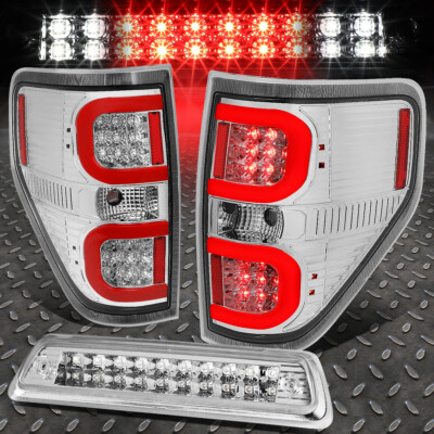 ДЛЯ 09-14 FORD F150 ДВОЙНАЯ КРАСНАЯ 3D СВЕТОДИОДНАЯ ПЛАНКА ЗАДНЕГО ФОНАРЯ + ТРЕТИЙ СТОП-СИГНАЛ/ГРУЗОВОЙ ФОНАРЬ ХРОМ