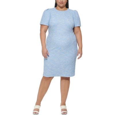 Calvin Klein Womens Blue Tweed Midi Fitted Sheath Dress Plus 18W BHFO 7489