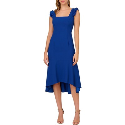 Женское платье миди с высокой посадкой и оборками из синего крепа Adrianna Papell, 12 BHFO 1472