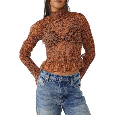 Free People Женская коричневая блузка-хомут с животным принтом Hello There S BHFO 4521