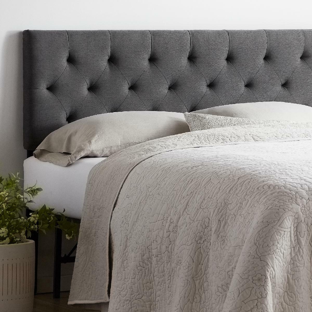 Headboard Upholstered Diamond Mid Rise Solid Wood King Charcoal