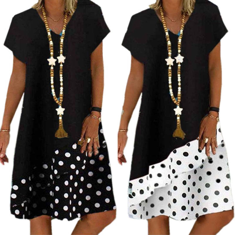 Damen Kurzarm Komfortkleid Sommerkleid Baggy Lose Gepunktet Tunikakleid Kaftan M