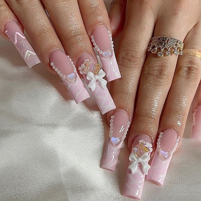 24pcs Pink French Pearls Sweet False Nail Long Square Press on Nail for Nail Art