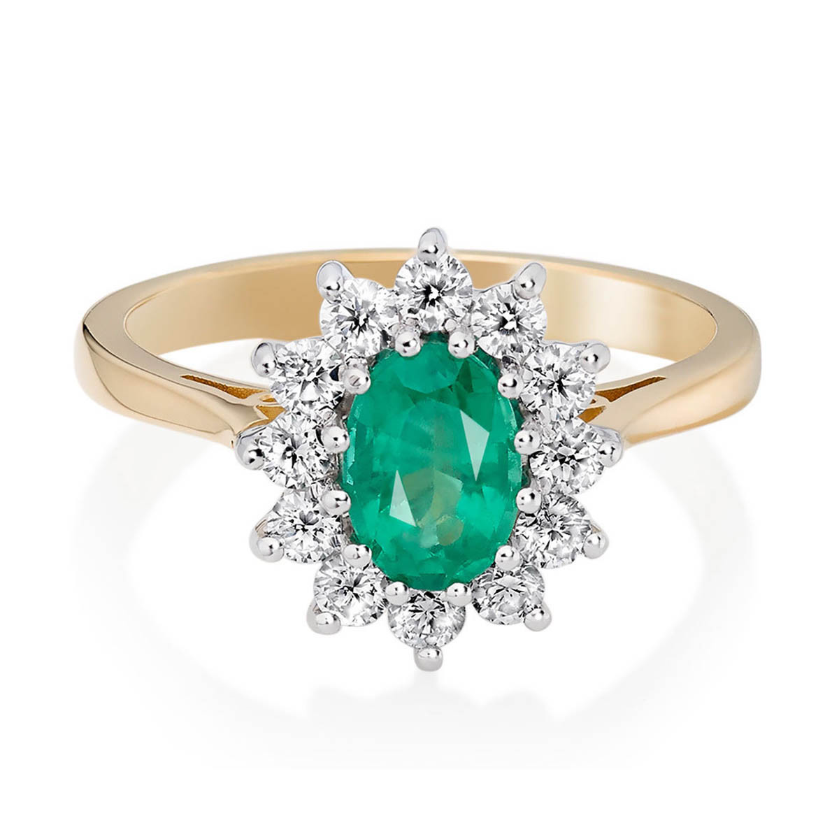 Halo Style Cluster Engagement Ring Green Emerald & Diamond 14k Real Yellow Gold