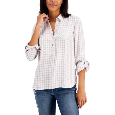 

Tommy Hilfiger Женская розовая блузка-рубашка в клетку с эффектом металлик  BHFO 0566, Ivory multi