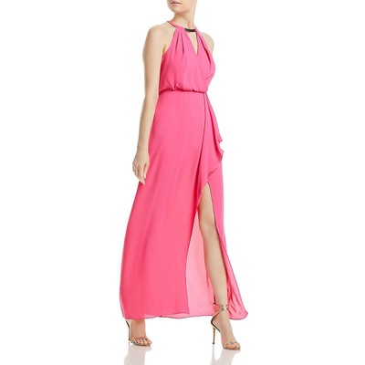 BCBGMAXAZRIA Womens Pink Halter Cascade Ruffle Evening Dress Gown 6 BHFO 6083