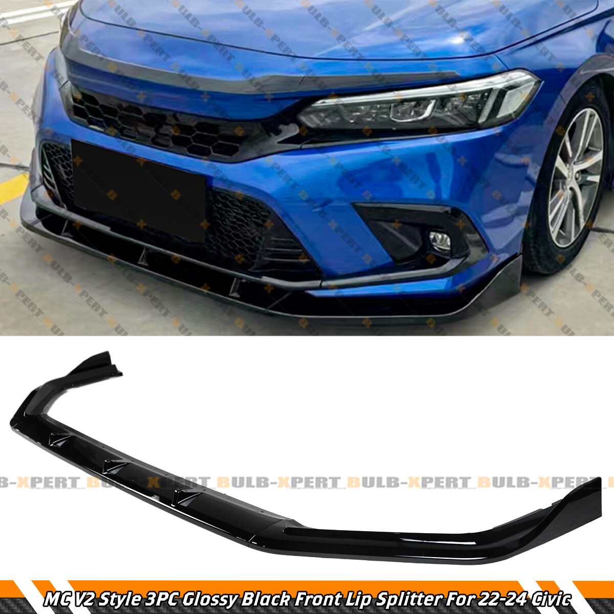 For 22-24 Honda Civic 11th Gen MC V2 Style Gloss Black Front Bumper Lip Splitter