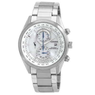 Pre-owned Citizen Eco-drive Perpetual Alarm World Time Chronograph Gmt White Dial Men's