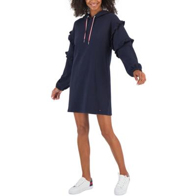 Женское темно-синее мини-платье-толстовка Tommy Hilfiger с оборками и капюшоном XS BHFO 7166