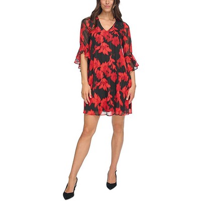 Calvin Klein Womens     Black Floral Mini Bell Sleeve Shift Dress 4 BHFO 8323