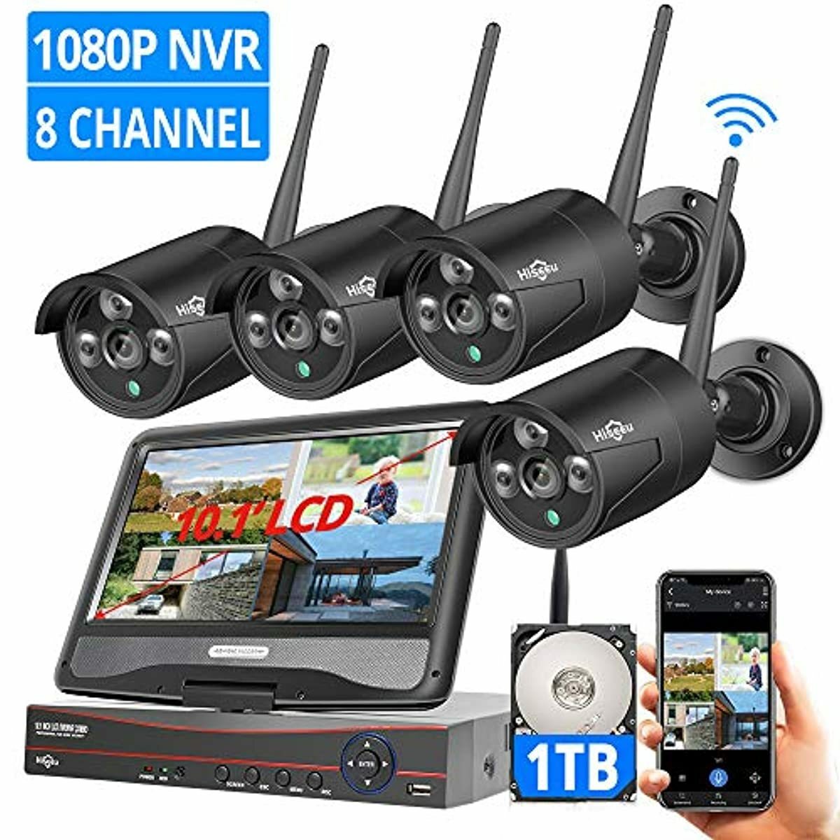 Hiseeu 8CH 1080P 10.1 LCD Monitor Outdoor Security Camera