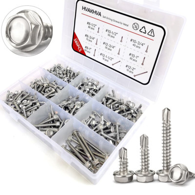 410 Stainless Steel Self Tapping TEK Screws Assortment,380 pcs #8#10#12 Hex Head