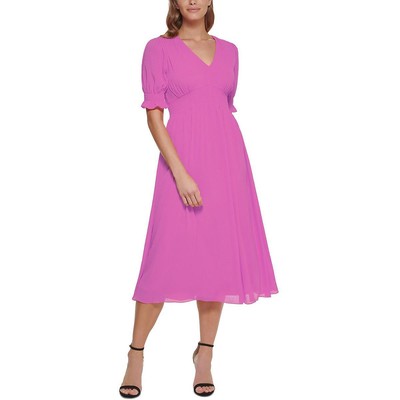 

Женское розовое шифоновое рабочее платье миди с присборами DKNY  BHFO 7741, Cosmic pink
