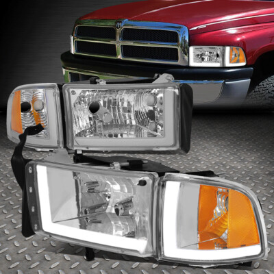 [L-ОБРАЗНЫЙ СВЕТОДИОДНЫЙ СВЕТИЛЬНИК DRL] ДЛЯ 94-02 DODGE RAM ХРОМИРОВАННЫЙ КОРПУС ФАРЫ, ЯНТАРНЫЕ УГЛОВЫЕ ЛАМПЫ