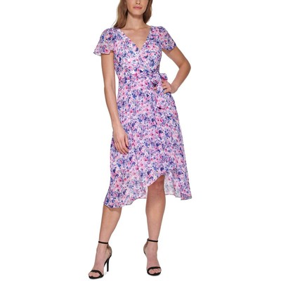 

DKNY Женское платье миди до середины икры с цветочным принтом BHFO 3756, Raspberry multi